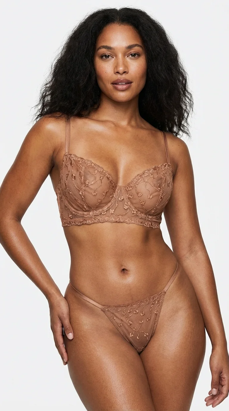 LunaIntim Nude Transparan Tül Sütyen Takımı Çiçek İşlemeli ve Balenli Modern Set - Ön Görünüm